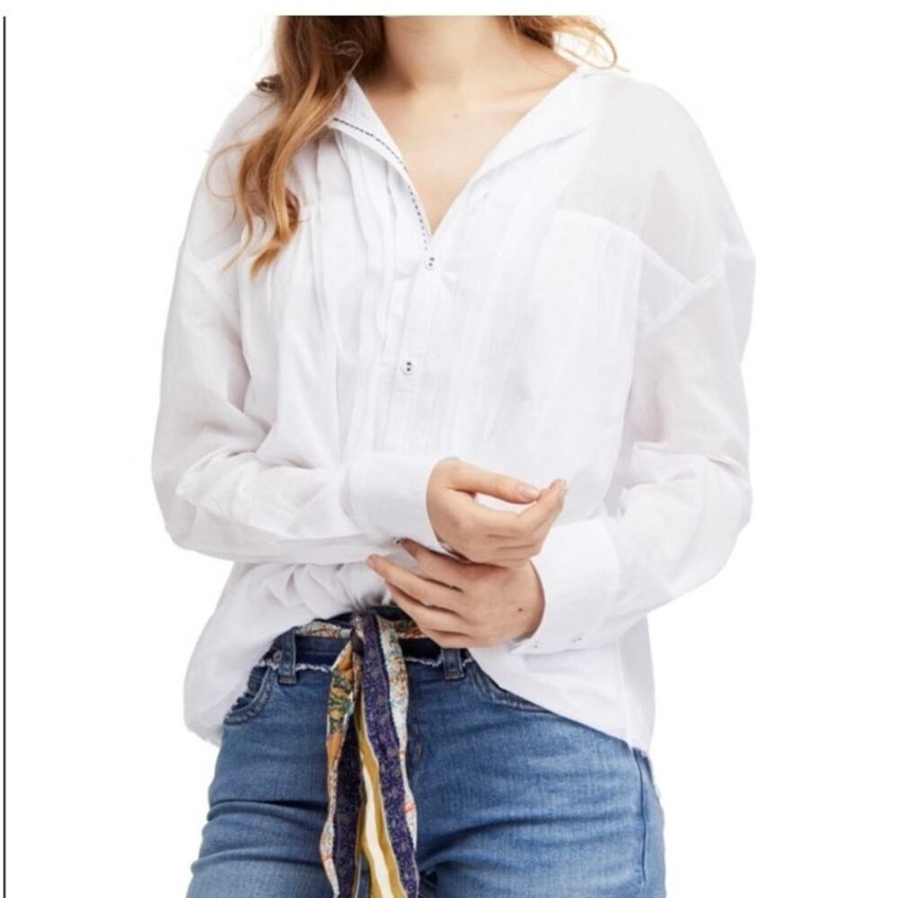 FREE PEOPLE Sz M White Breezy Button Down Shirt Hooded Blouse Raw Trims Cotton - Picture 2 of 16